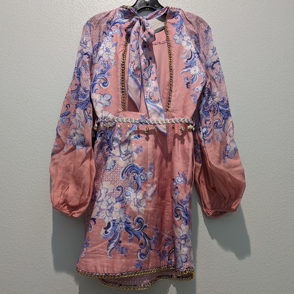 Zimmermann Linen Puff-Sleeve Postcard Minidress - Picture 2 of 12